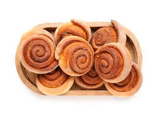 Fototapeta premium Wooden tray with tasty cinnamon rolls on white background