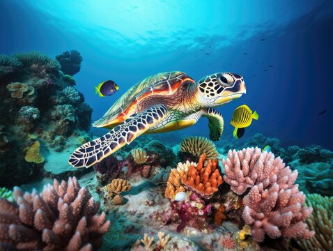 Image of a vibrant coral reef teeming with colorful fish and sea turtles, showcasing marine biodiversity for National Wildlife Day
