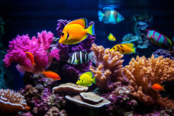 Obraz na płótnie Canvas Colorful Fishes, corals, and nature lifes under blue sea