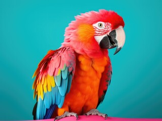 Obraz premium Vibrant Macaw Parrot on Pink Perch Against Teal Background