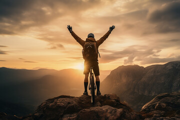 Man stand by bicycle and rising hands up on the mountain