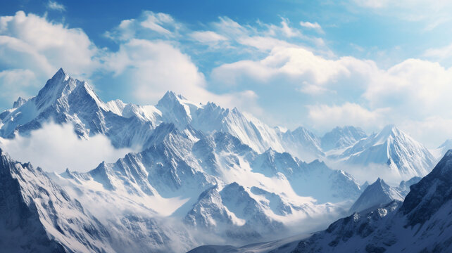 Landscape of snow mountains in the winter season. Beautiful outdoor environment in the nature.