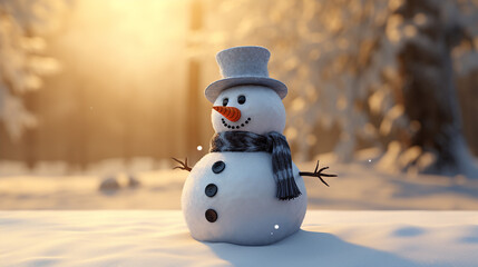 Cute Snowman with a Hat Standing in a Snowy Field on a Blurred Winter Background. Copy Space