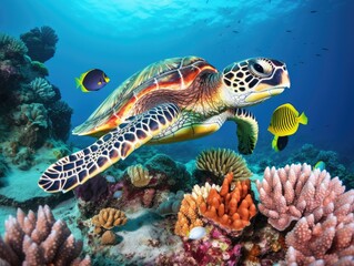 Obraz premium Green Sea Turtle Swimming Above Vibrant Coral Reef with Tropical Fish in Clear Blue Ocean