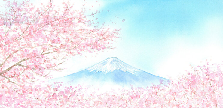 水彩で描いた富士山と桜　横長