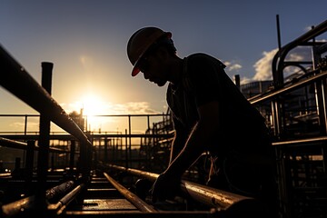 Fototapeta premium worker in silhouette carrying equipment at a construction place