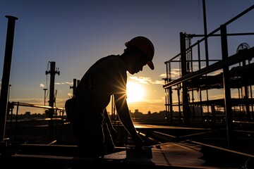 worker in silhouette carrying equipment at a construction place - obrazy, fototapety, plakaty