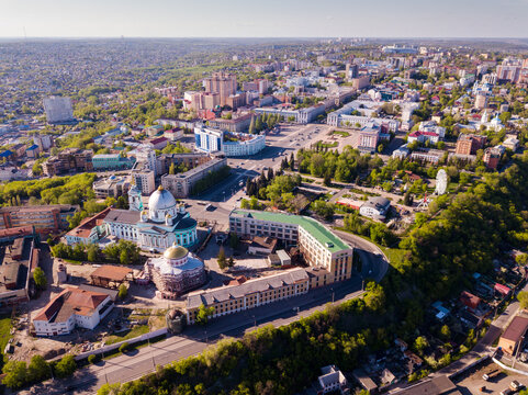 Panoramic aerial view of district of Kursk with houses, Russia