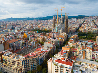 Aerial view of Barcelona and famous Sagrada Familia church, Catalonia, Spain