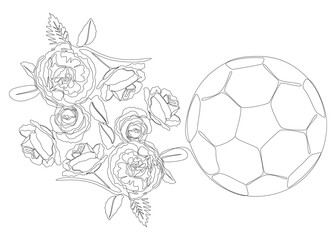 Fototapeta premium One continuous line of football ball with rose flowers. Thin Line Illustration sport vector concept. Contour Drawing Creative ideas.