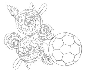 One continuous line of football ball with rose flowers. Thin Line Illustration sport vector concept. Contour Drawing Creative ideas.