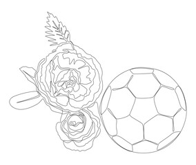 One continuous line of football ball with rose flowers. Thin Line Illustration sport vector concept. Contour Drawing Creative ideas.