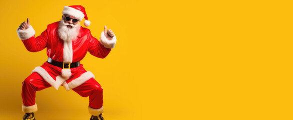 Portrait of funny crazy hipster Santa Claus in red hat fun Christmas x-mas party celebrate New year time dance on yellow background.