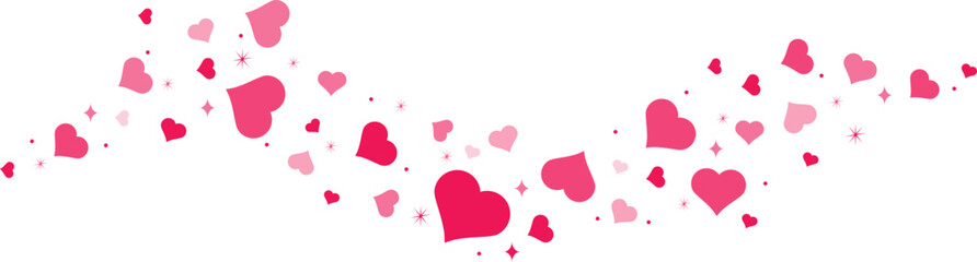 Hearts border in wave shape. Pink hearts border. Heart in the wave shape vector. Valentine's Day element decoration. Love concept. Flying pink hearts confetti.
