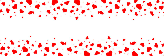 Seamless hearts border. Flying red hearts confetti. Valentine's Day background with a red falling hearts. Love concept.