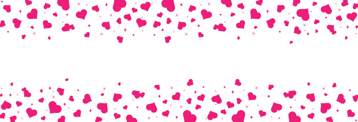 Seamless hearts border. Flying pink hearts confetti. Valentine's Day background with a pink falling hearts. Love concept.