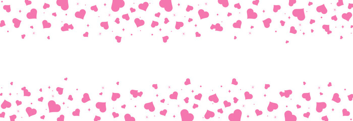 Seamless hearts border. Flying pink hearts confetti. Valentine's Day background with a pink falling hearts. Love concept.