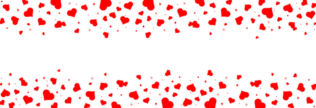 Seamless hearts border. Flying red hearts confetti. Valentine's Day background with a red falling hearts. Love concept.