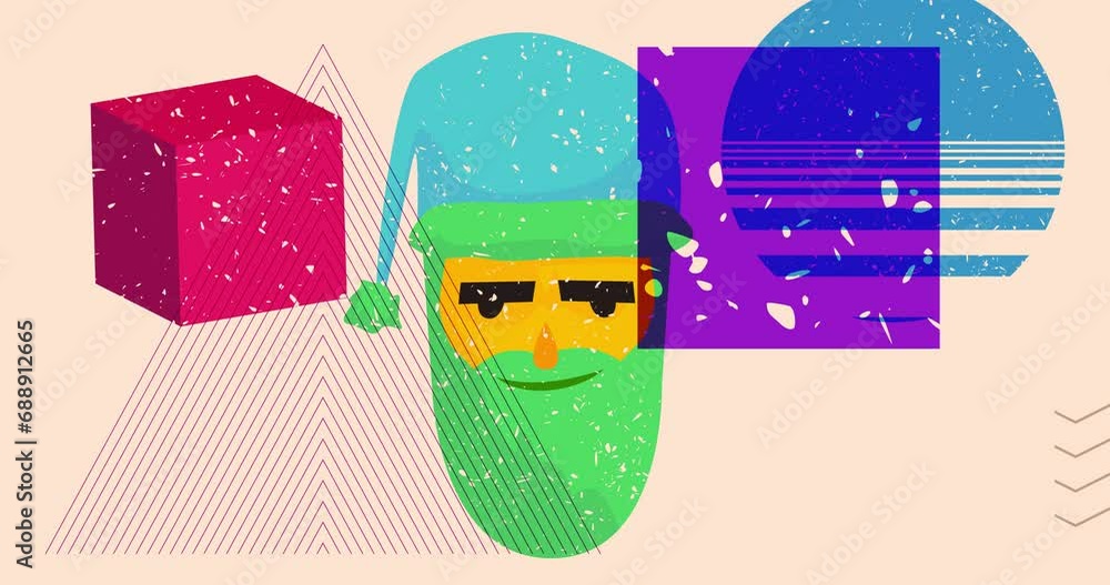 Poster risograph santa claus face with geometric shapes animation. moving object in trendy riso graph desig