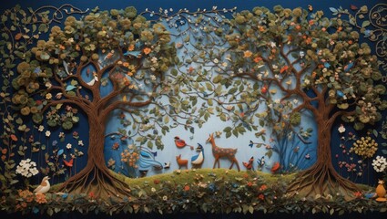 "Enchanting Arboreal Symphony: Marie-Suzanne Giroust's Beaded and Yarn Folk Art Masterpiece"