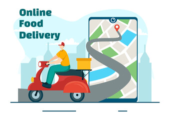 Online Food Delivery Vector Illustration with Order Food on the Phone and it will be Delivered According to the Destination in Flat Cartoon Background