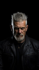 Serious mature man with gray hair in a black leather jacket, isolated on black