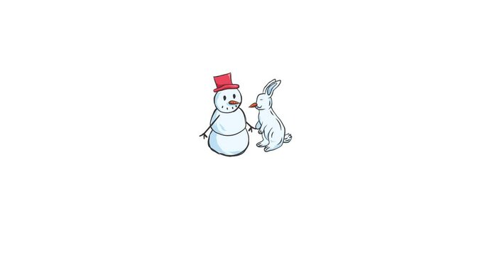 Christmas animation of a snowman and a white rabbit with a carrot nose
