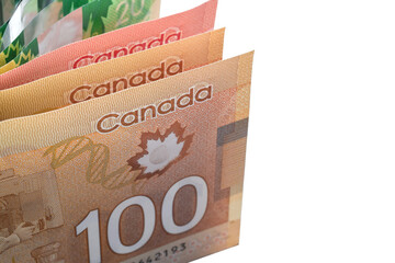 Canadian dollar bills standing up isolated cutout on transparent