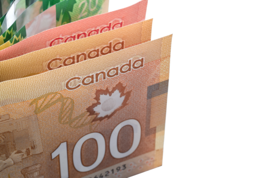Canadian dollar bills standing up isolated cutout on transparent