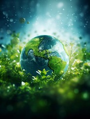Obraz na płótnie Canvas homepage background, carbon footprint, green earth, left side is blurred, generative ai