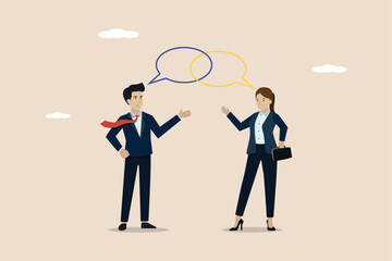 Customer engagement, loyalty, consumer trust or deep relationship concept, team discussion, businessman representing brand talking with customers as related speech bubbles.