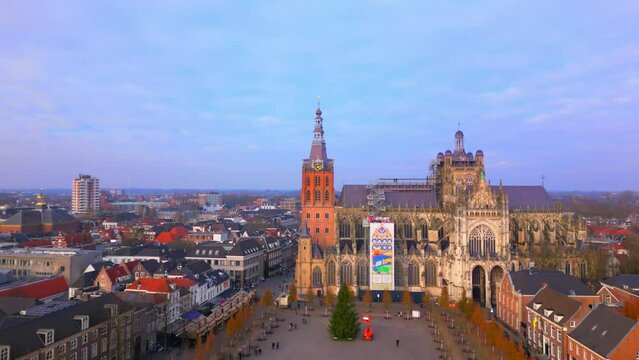 Sint Jan catholique gothic cathedral drone fixed shot of historic centre