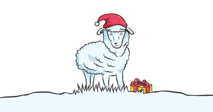 animation of goat with christmas hat and gift box