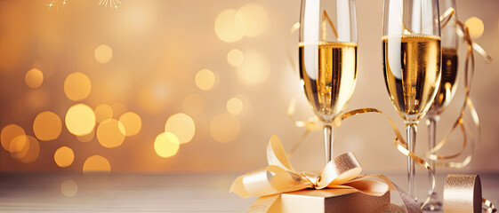 New Year Celebration champagne Flutes And Gift Boxes