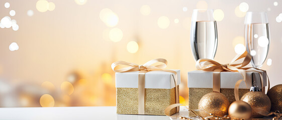 Fototapeta na wymiar New Year Celebration champagne Flutes And Gift Boxes