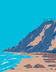 WPA poster art of surf beach at Black's Beach in the bluffs of Torrey Pines on the Pacific Ocean in La Jolla, San Diego, California, United States USA done in works project administration.
- 688915092