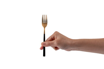 Hand and metal black fork on transparent background