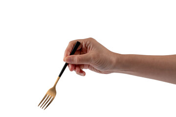 Hand and metal black fork on transparent background