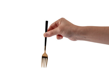 Fototapeta premium Hand and metal black fork on transparent background