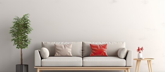 Minimalistic and stylish home decor template featuring a gray sofa, wooden cube, coffee table,...