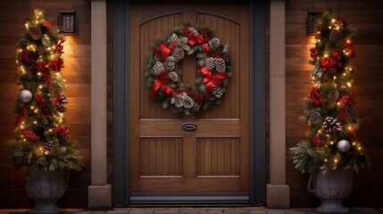 photograph of a house front door with a Christmas reef