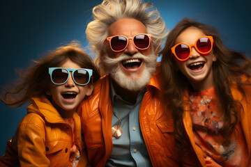 An old man playing with a boy and a girl, they are all wearing orange color clothes and...