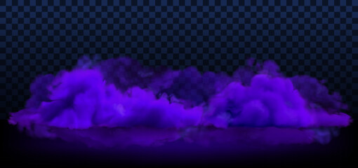 Vector purple smoke on ground backdrop. Mystic night clouds on black background, realistic banner template with copy space. Halloween illustration - obrazy, fototapety, plakaty