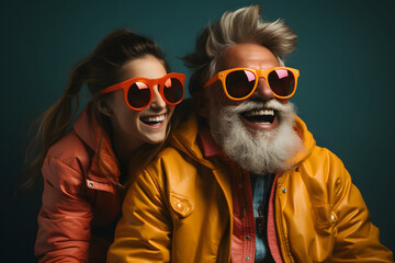 An old man playing with a girl, they are all wearing orange color clothes and sunglasses, pastel...