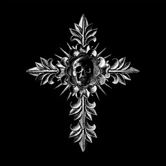 gothic cross hand drawing vector isolated on black background. - obrazy, fototapety, plakaty