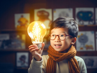 電球を持つアジア人の笑顔の男の子。勉強や電気のイメージ。生成AI - obrazy, fototapety, plakaty