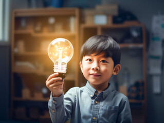 電球を持つアジア人の笑顔の男の子。勉強や電気のイメージ。生成AI - obrazy, fototapety, plakaty