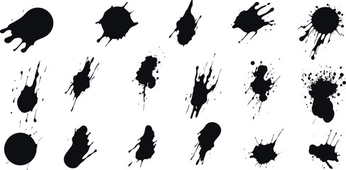 artistic texture of ink brush strokes, Isolated ink splashes and drops. Different handdrawn spray design, grunge splash