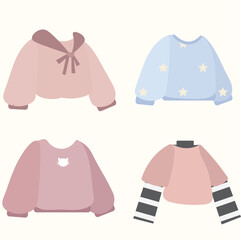 sweatshirt collection by koi, in the style of fairy kei, light maroon and blue, animated gifs, flat shapes, cottagepunk, elegantly formal, light purple and light amber 