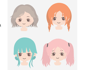  4 cartoon girls in various kinds of hair, different colors, in the style of light green and light gray, japanese-inspired, light pink and dark orange, simple designs, the pictures generation, frayed